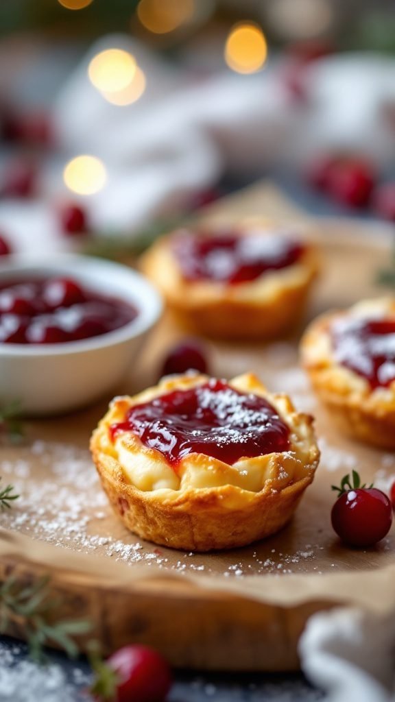 Cranberry Brie Puffs on a wooden platter with fresh cranberries and sauce
