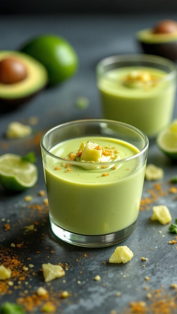 Creamy avocado lime mousse in a glass with lime and avocado halves in the background.