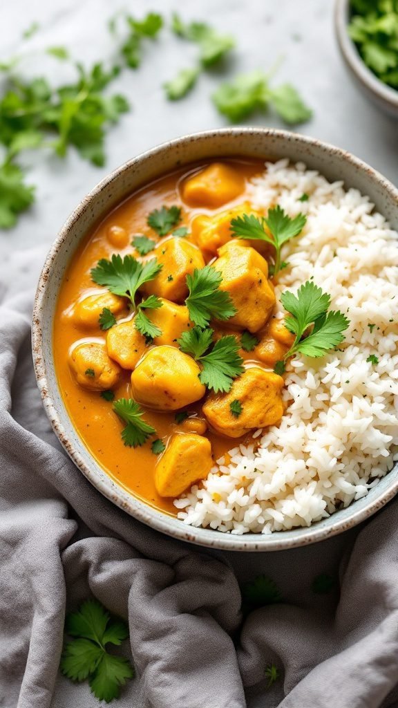 A bowl of creamy coconut chicken curry with rice and cilantro on top.