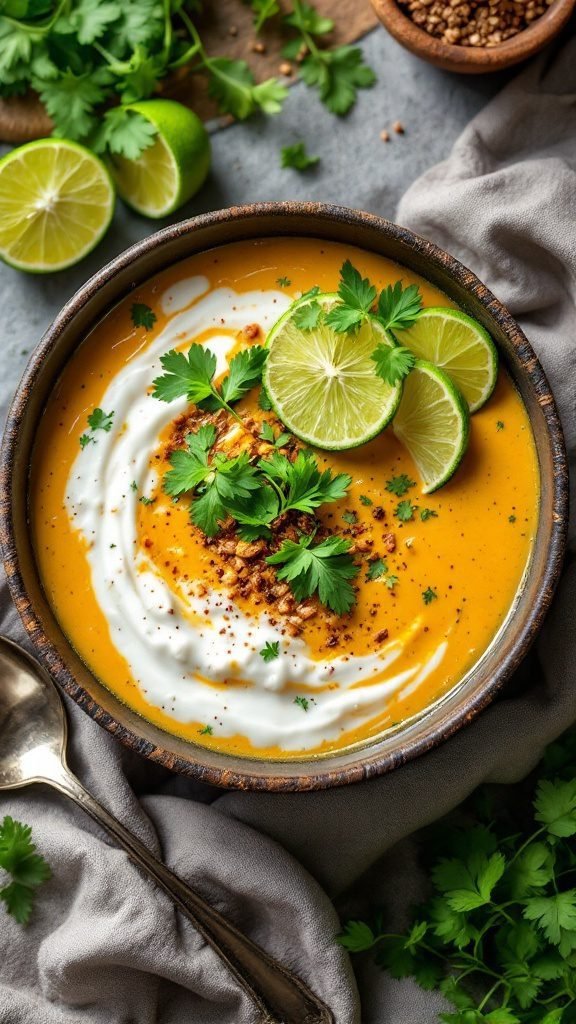 A bowl of creamy coconut curry soup garnished with lime and cilantro