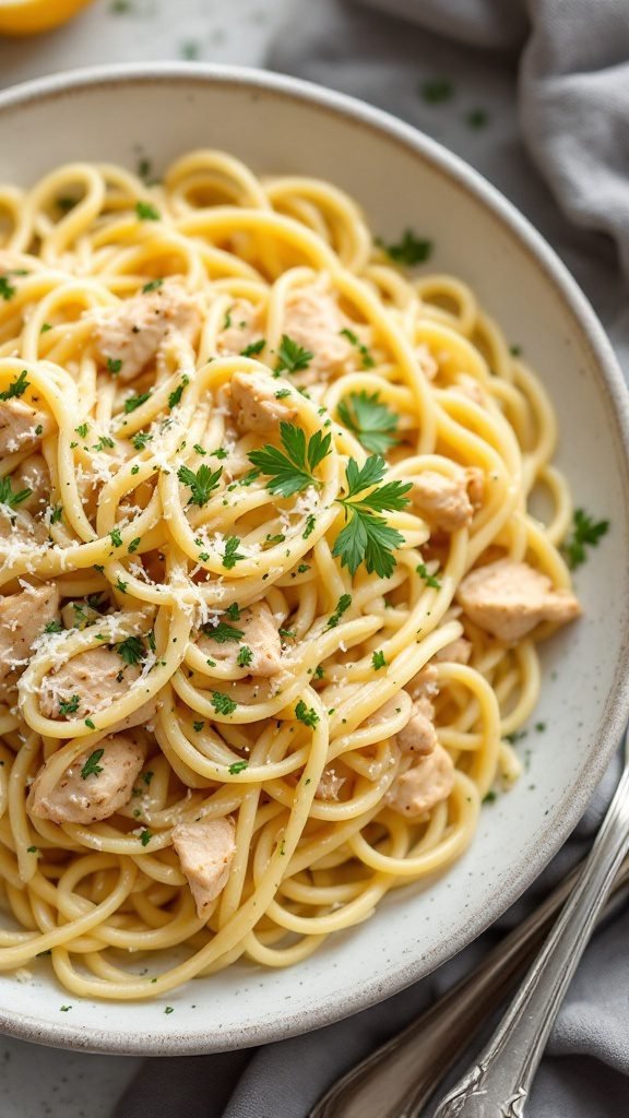 Delicious creamy garlic chicken pasta served in a bowl with parsley garnish.