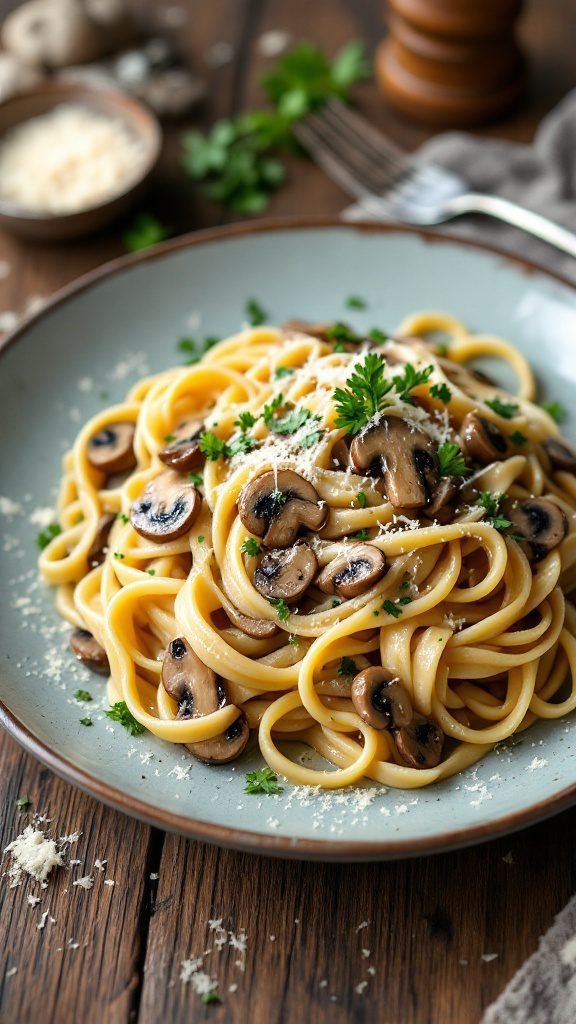 A plate of creamy garlic mushroom fettuccine garnished with parsley.