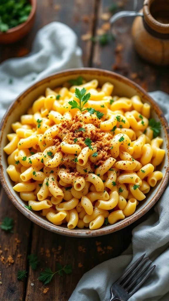 A bowl of creamy macaroni and cheese with crispy topping