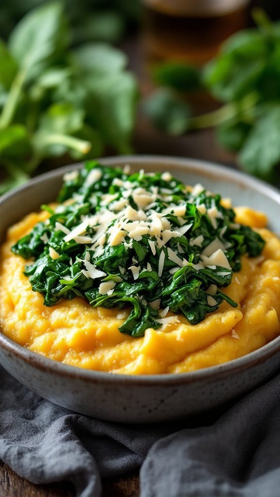 Creamy Polenta topped with sautéed spinach and cheese