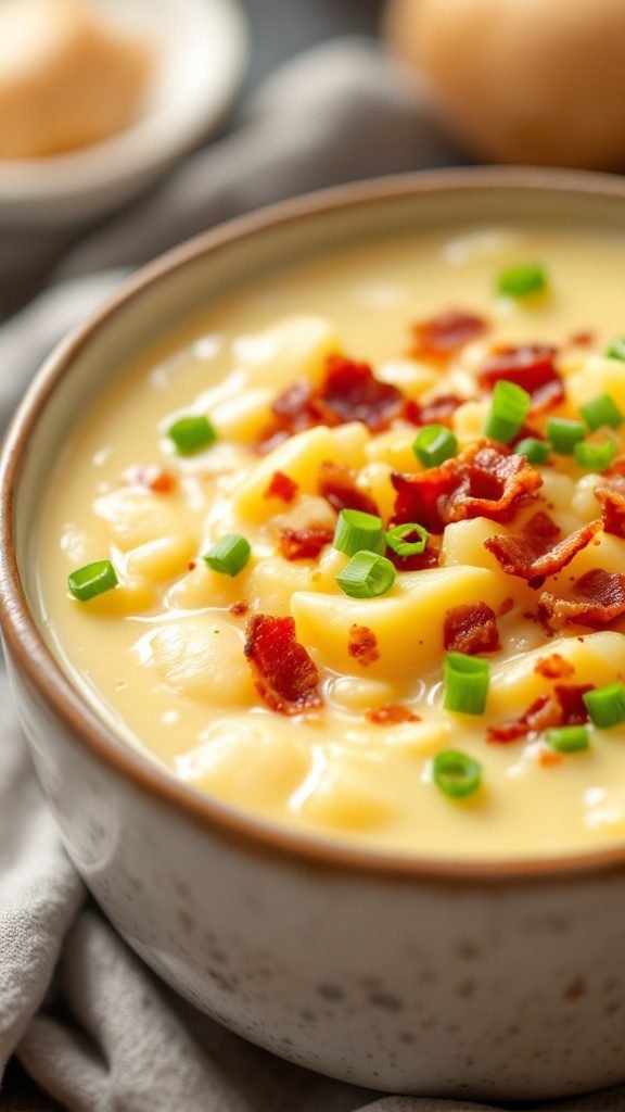 A warm bowl of creamy potato soup topped with green onions and crispy bacon.