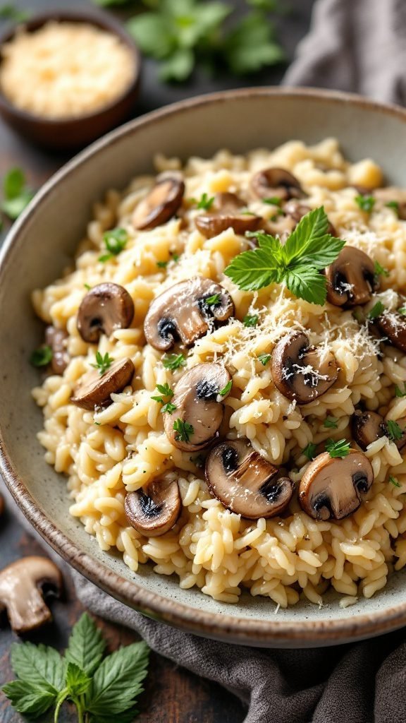 A creamy risotto dish with mushrooms, garnished with herbs and cheese.