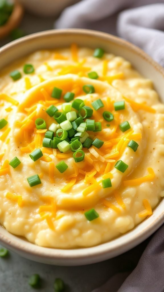Creamy Southern Grits topped with green onions and cheddar cheese