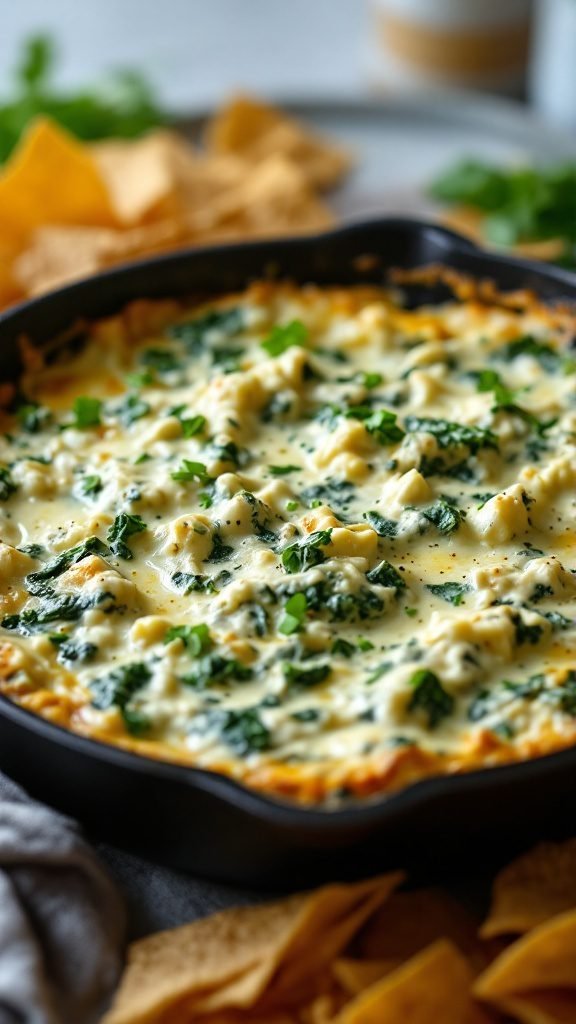 Creamy Spinach and Artichoke Dip served in a skillet with tortilla chips