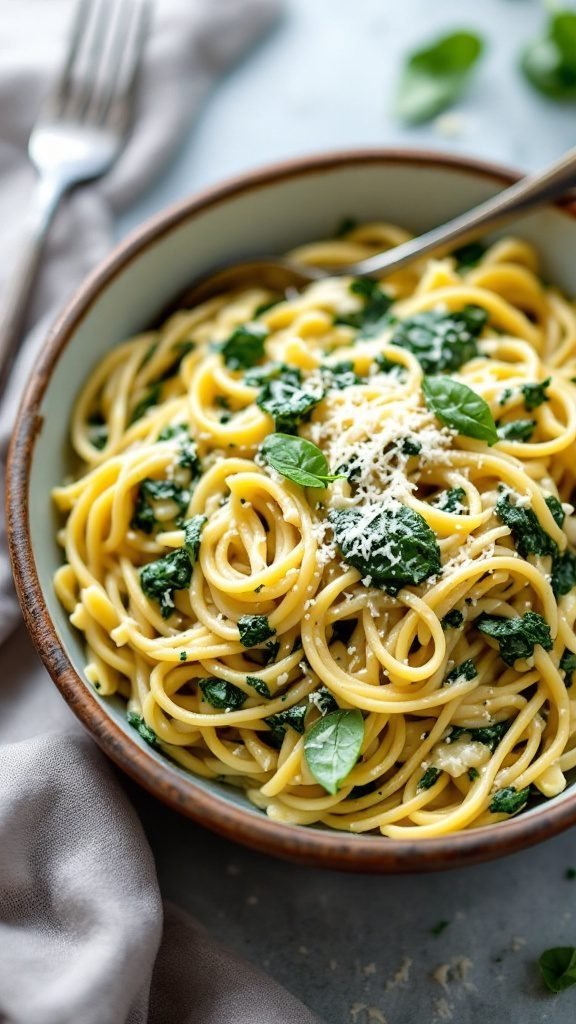 A bowl of creamy spinach and artichoke pasta garnished with fresh basil.