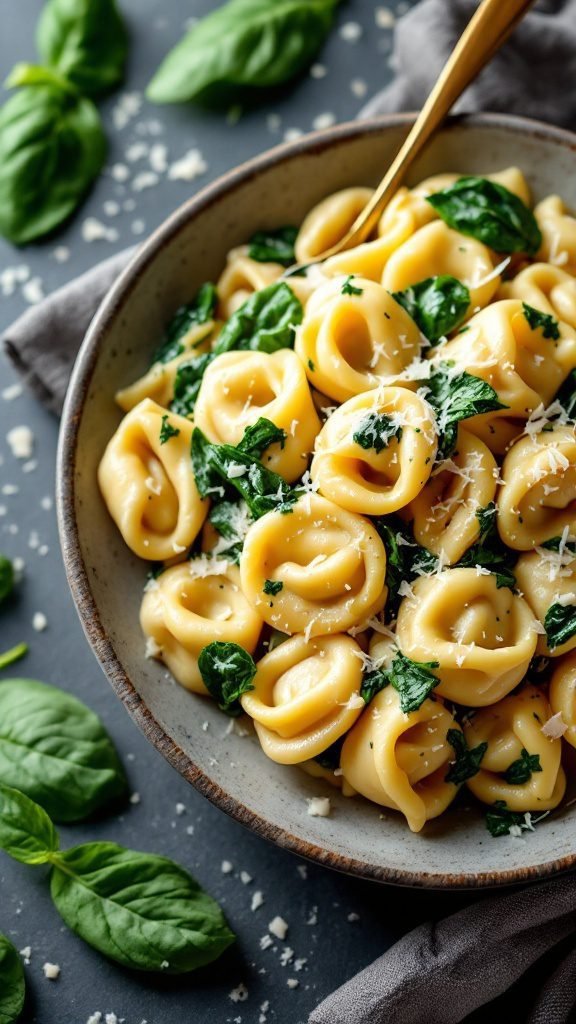 A bowl of creamy spinach and ricotta tortellini topped with grated cheese and spinach leaves.