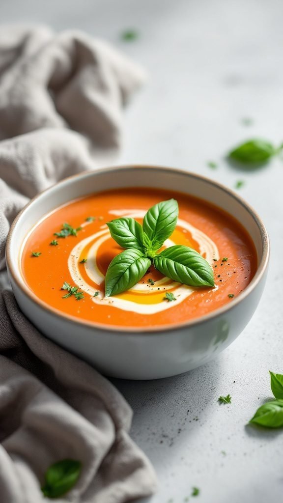 A bowl of creamy tomato basil soup garnished with fresh basil and a swirl of cream.