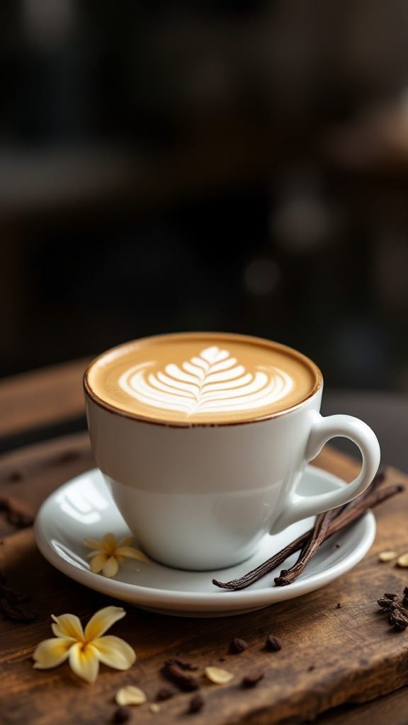 Creamy Vanilla Latte in a white cup on a wooden table