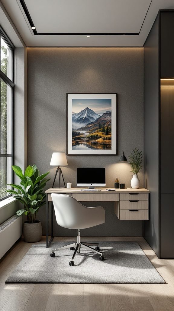 A cozy small home office with a desk, ergonomic chair, and a plant.