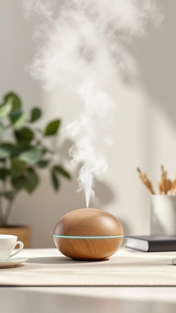 A stylish wooden diffuser creating mist in a cozy home office