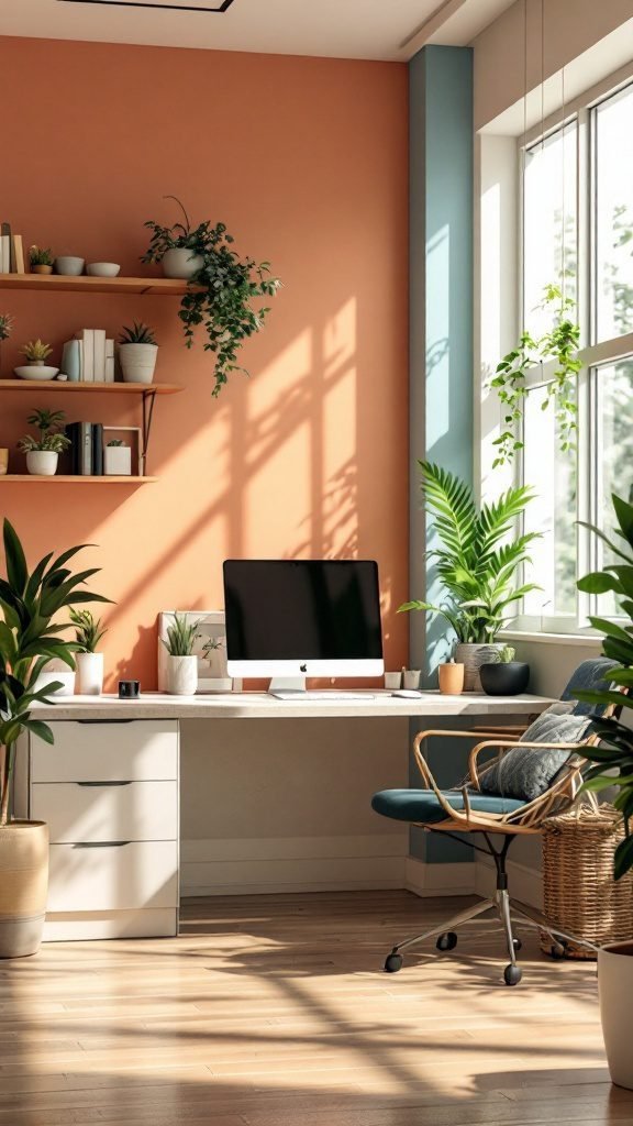 A cozy small home office featuring a warm orange wall, stylish decor, plants, and a modern workspace.