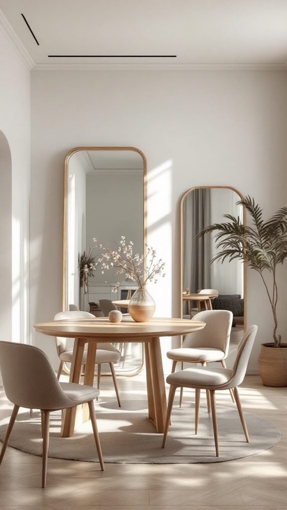A modern dining room with mirrors reflecting light, a round wooden table, and upholstered chairs.