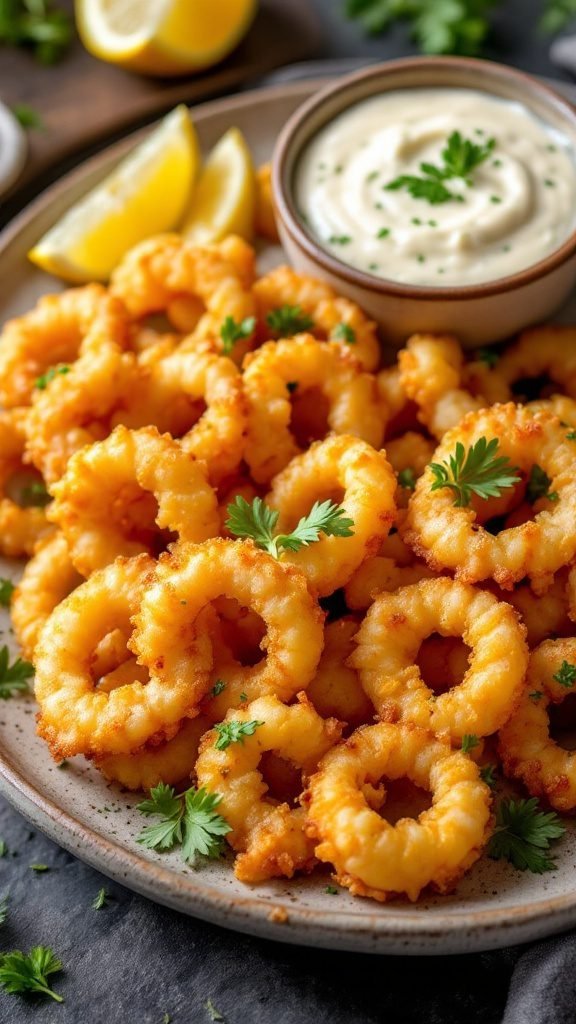 Crispy calamari served with lemon wedges and creamy aioli.