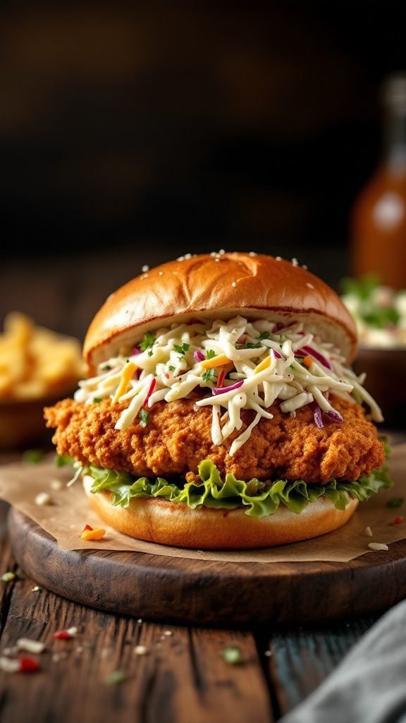 A crispy chicken sandwich topped with coleslaw on a wooden surface.