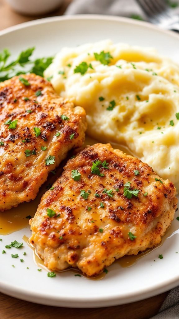 Crispy chicken thighs served with garlic mashed potatoes
