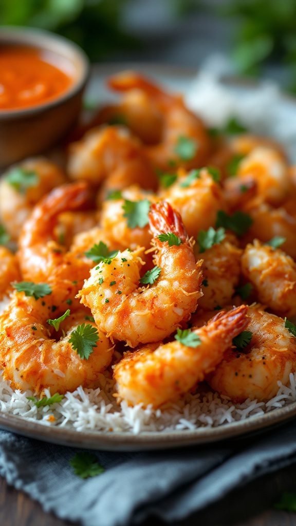 Crispy coconut shrimp with sweet chili sauce on a plate