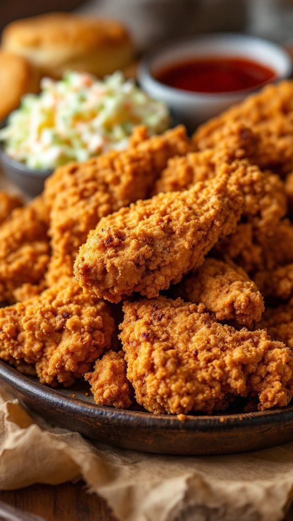A plate of crispy fried chicken with sides of coleslaw and dipping sauce.