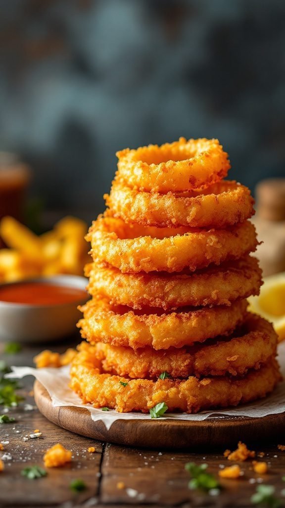 A stack of crispy onion rings on a wooden platter.