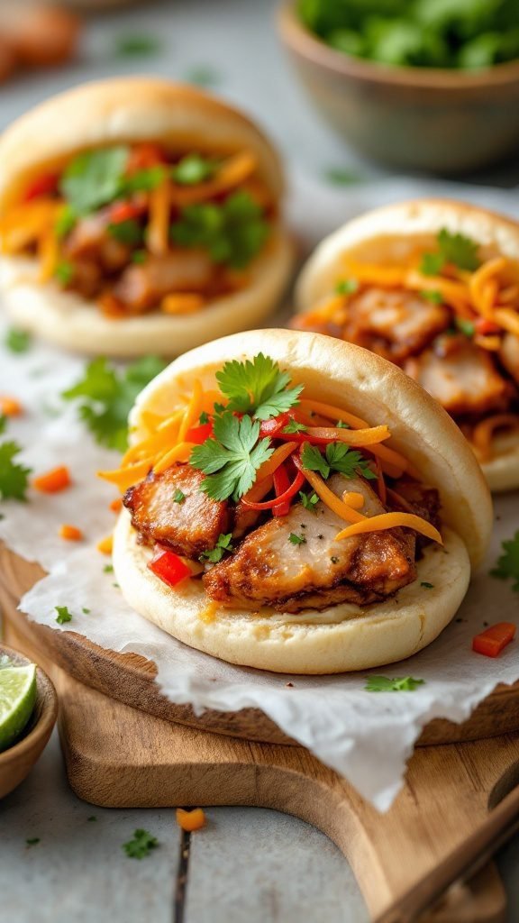 Crispy pork belly bao buns with fresh vegetables and cilantro