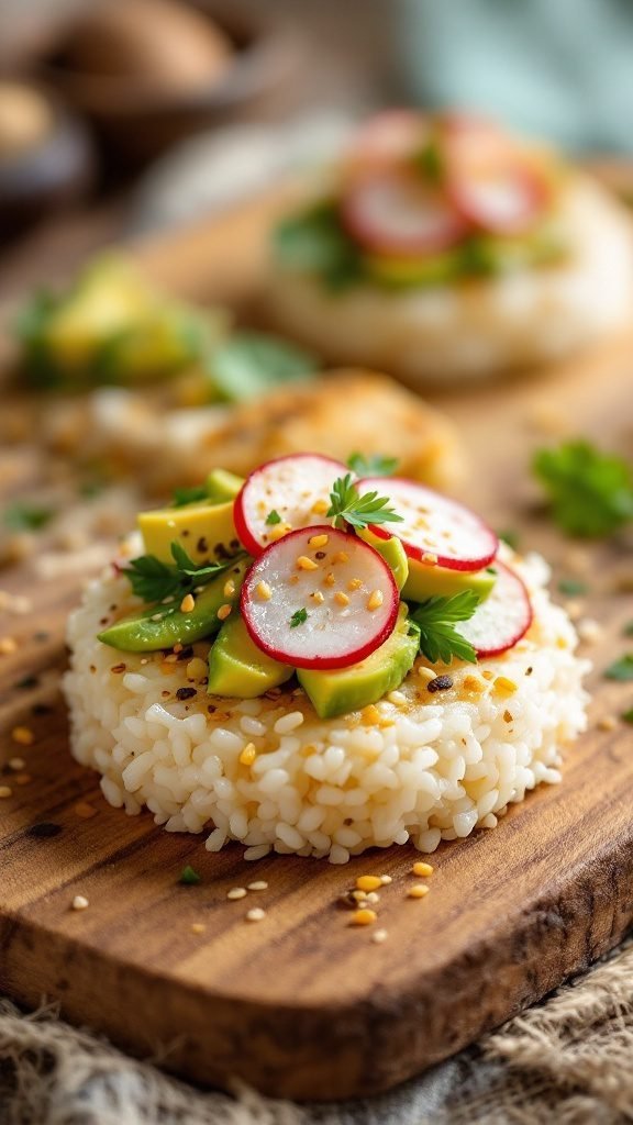 Crispy rice cakes topped with fresh vegetables and herbs
