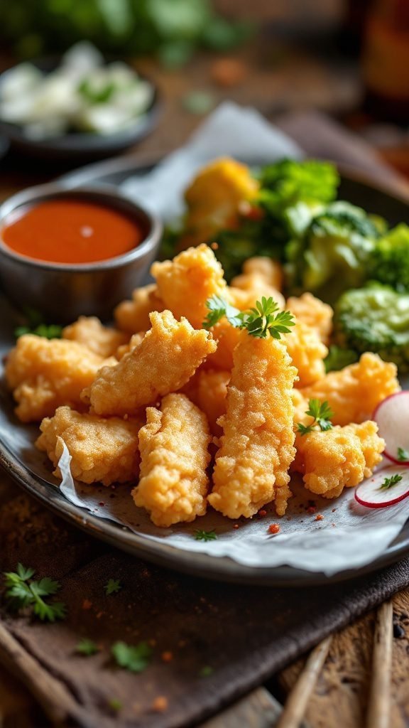 Plate of crispy tempura vegetables with dipping sauce and greens