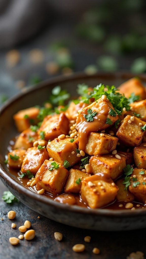 A bowl of crispy tofu drizzled with peanut sauce, garnished with fresh herbs and peanuts.