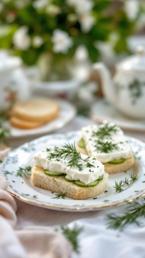 Cucumber sandwiches on a plate with dill garnish