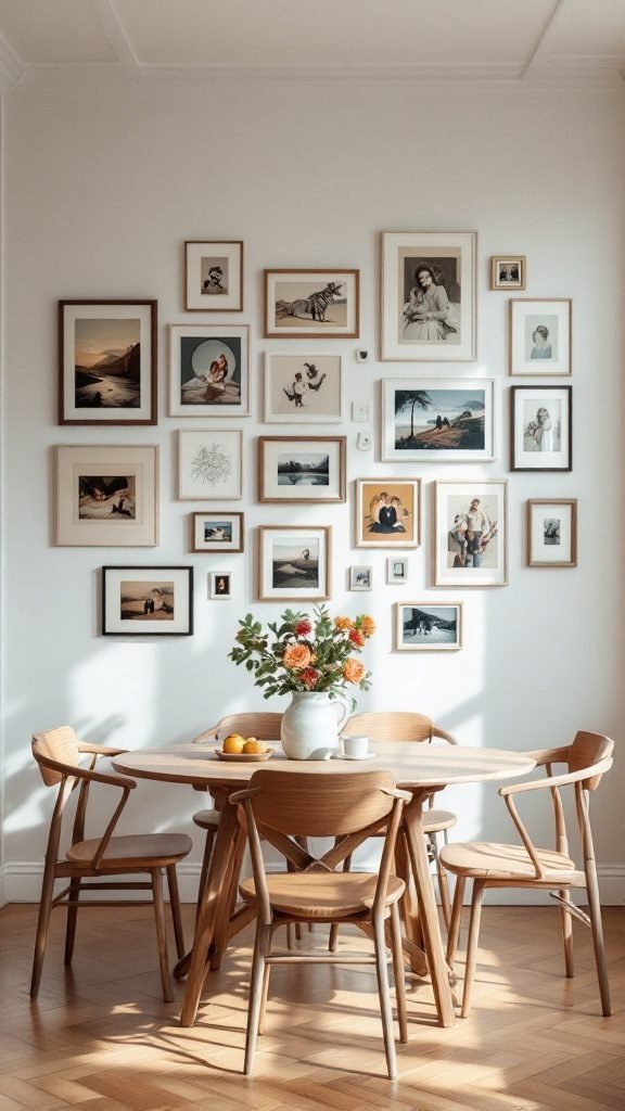 A cozy dining area featuring a round wooden table surrounded by chairs, with a gallery wall of framed photos in soft colors.