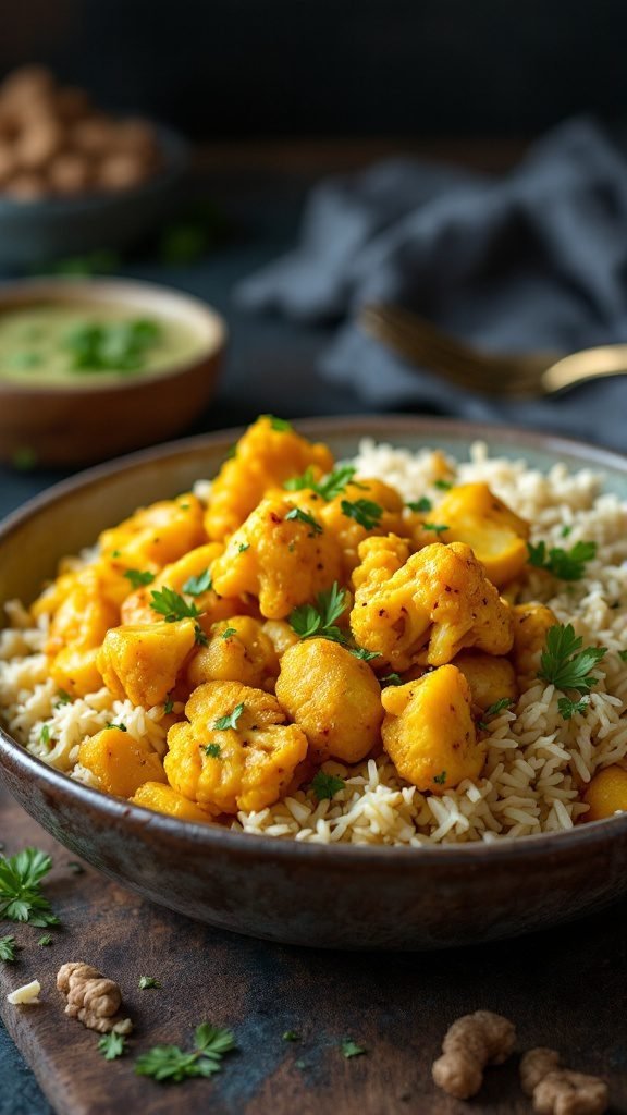 A bowl of curried cauliflower and potato served over rice, garnished with cilantro.