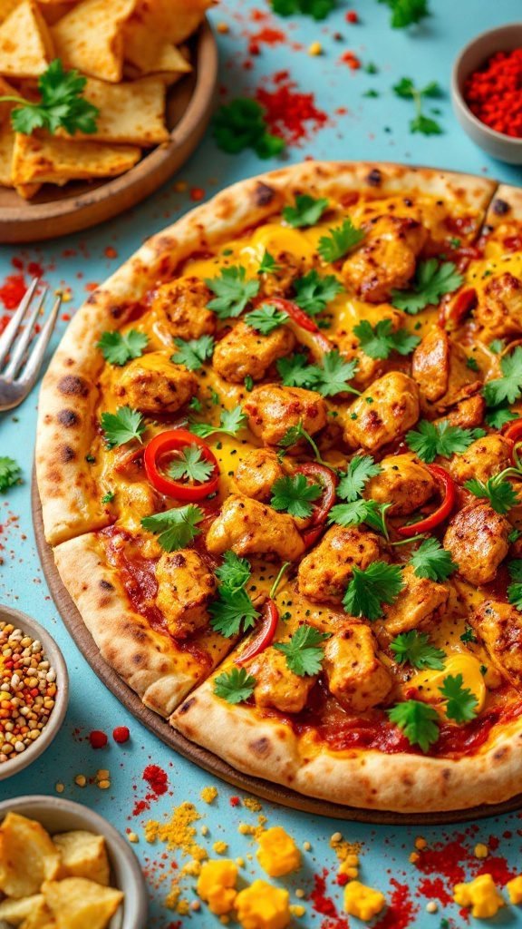 Curried Chicken Pizza topped with cilantro and red chili peppers