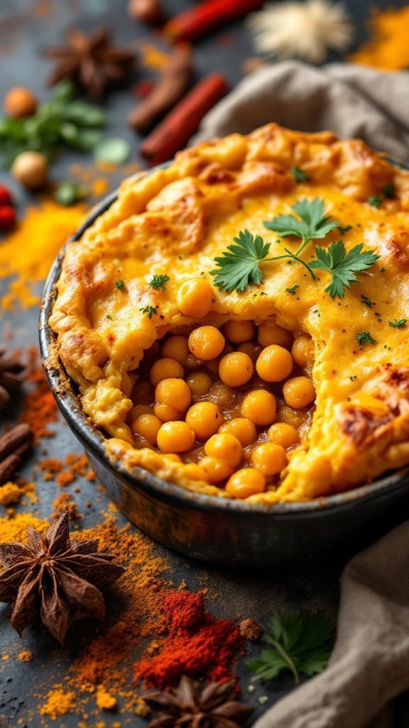 A deliciously baked chickpea pot pie with a golden crust.