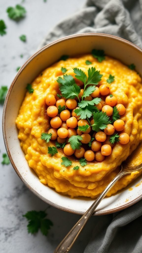 Curried grits with chickpeas topped with fresh cilantro