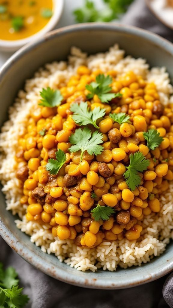 A delicious curry lentil rice bowl garnished with cilantro.