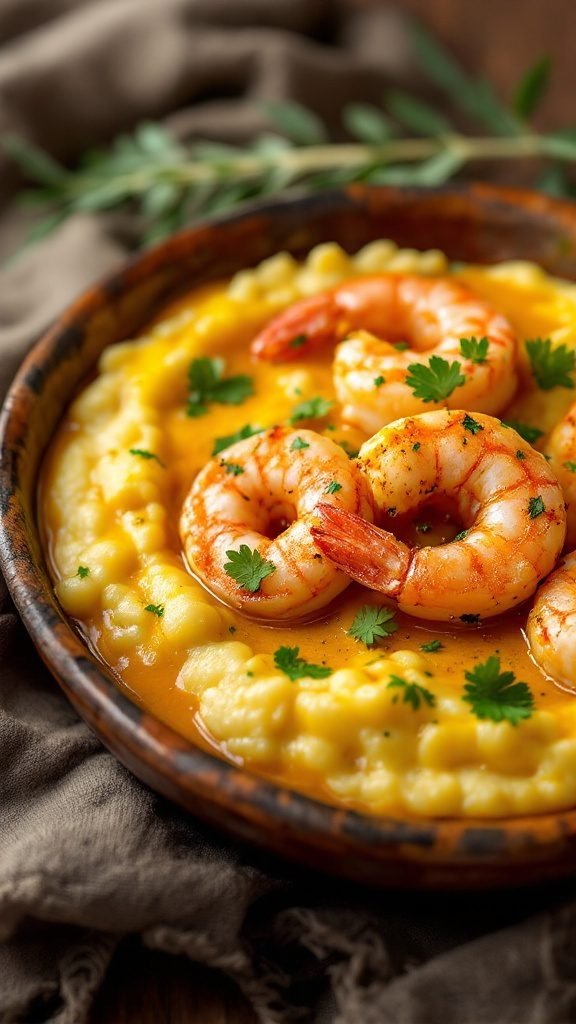 A bowl of curry shrimp and grits garnished with fresh herbs.