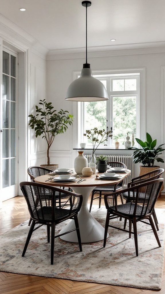 A modern dining room featuring a round table, black woven chairs, and large windows with plants, showcasing elegant aesthetics.