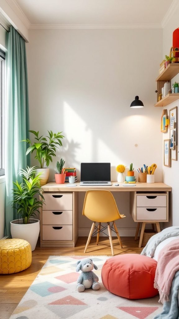 A bright and cozy kid's homework station featuring a modern desk, ergonomic chair, plants, and colorful decor.