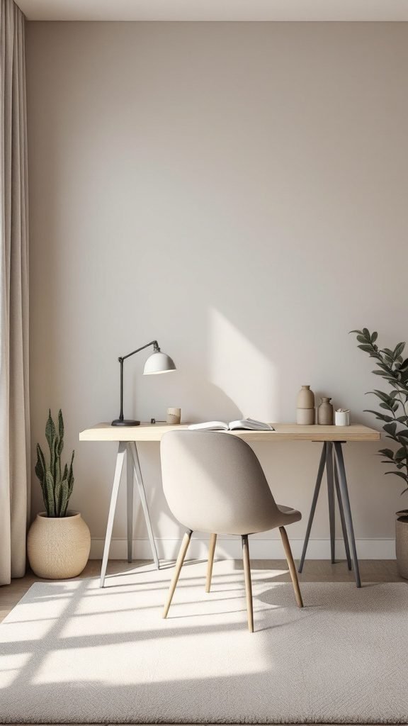 A minimalist office setup featuring a sleek desk and comfortable chair with natural decor elements.