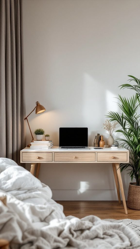 A stylish bedroom office setup featuring a modern desk with a laptop, plants, and decorative items.