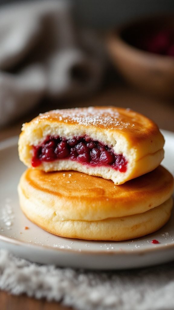 A plate of dorayaki sweet pancakes filled with red bean paste.
