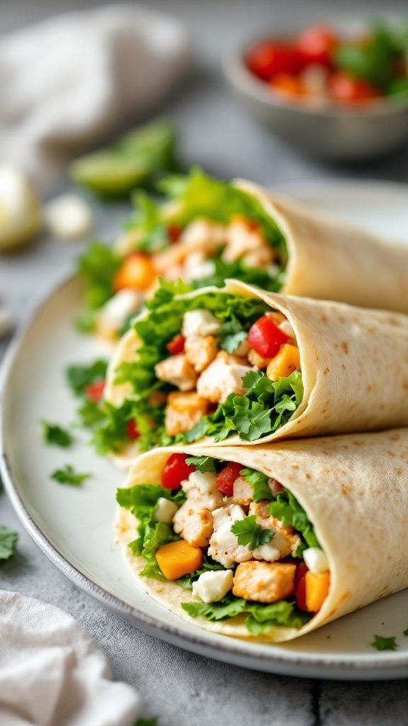 Three easy chicken caesar wraps filled with lettuce, chicken, and tomatoes on a plate.