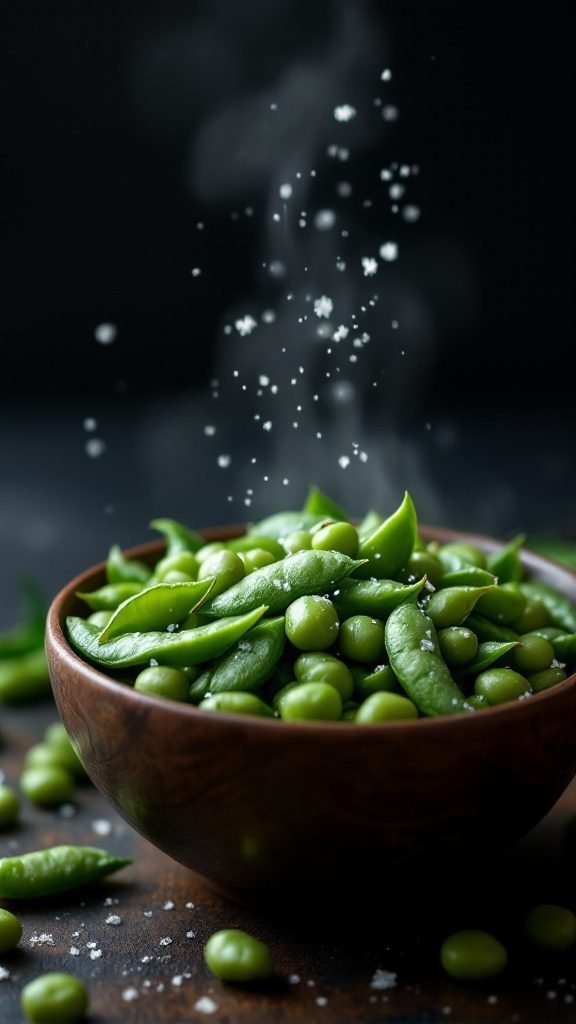 Bowl of edamame sprinkled with sea salt