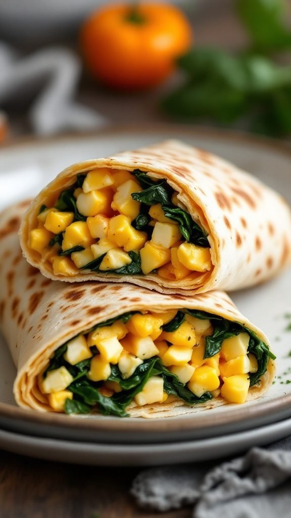 A delicious egg and spinach breakfast wrap, filled with nutritious ingredients.