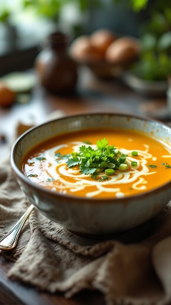 Bowl of Egg Drop Soup garnished with green onions and coriander