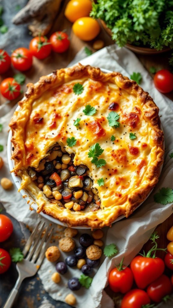A delicious eggplant and zucchini pot pie with a golden crust.