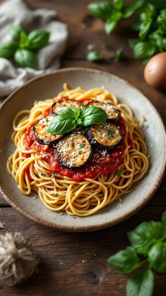 A plate of spaghetti topped with baked eggplant and marinara sauce, garnished with fresh basil.