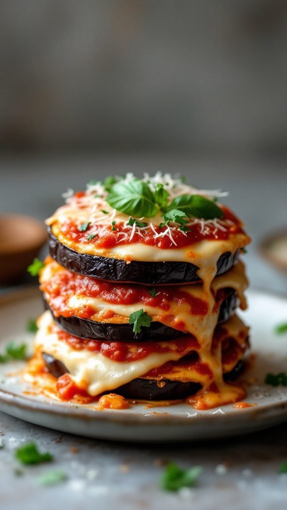 Delicious eggplant parmesan stacks layered with cheese and marinara sauce.